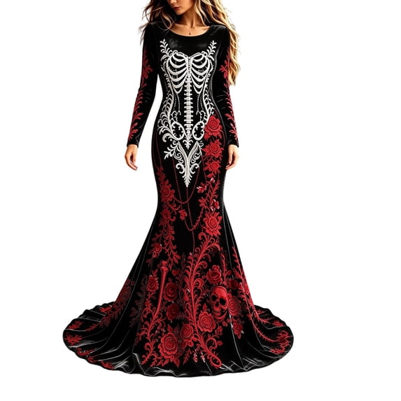 Xijirk Women Halloween Skull Rose Embroidered Maxi Dress Long Sleeve Round Neck Velvet Trailing Hem Outfit for Cosplay Party Festival Casual Gathering Wear,XL