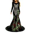 thumbnail image 1 of Xijirk Women Halloween Skull Rose Embroidered Maxi Dress Long Sleeve Round Neck Velvet Trailing Hem Outfit for Cosplay Party Festival Casual Gathering Wear,3XL, 1 of 4