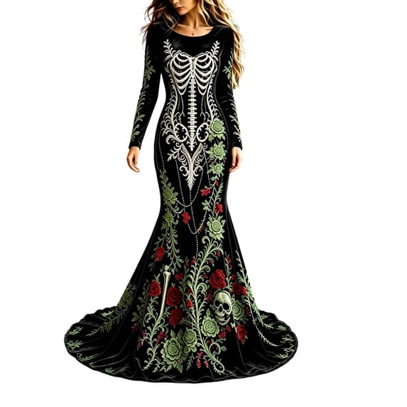 Xijirk Women Halloween Skull Rose Embroidered Maxi Dress Long Sleeve Round Neck Velvet Trailing Hem Outfit for Cosplay Party Festival Casual Gathering Wear,3XL
