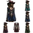 thumbnail image 1 of Xijirk Women Halloween Skull Skeleton Rose Print Dress with V Neck Long Flare Sleeve Fit and Flare Mini Dress for Witch Cosplay Halloween Party, 1 of 4