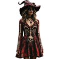 thumbnail image 1 of Xijirk Women Halloween Skull Skeleton Rose Print Dress with V Neck Long Flare Sleeve Fit and Flare Mini Dress for Witch Cosplay Halloween Party, 1 of 4