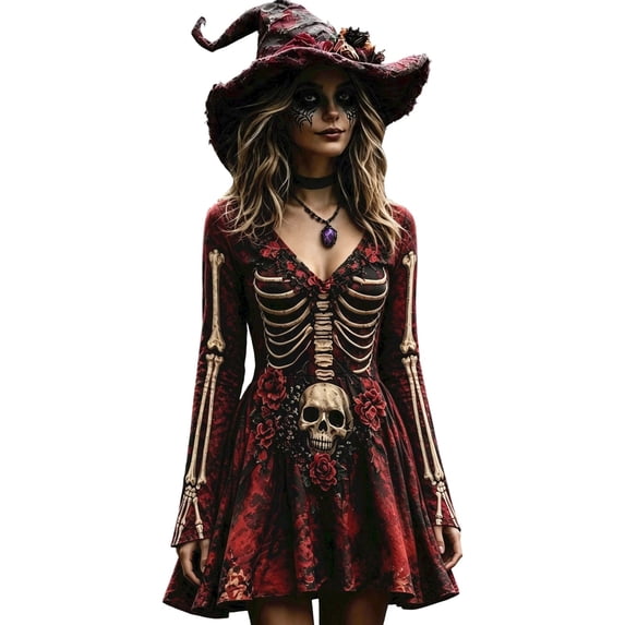 Xijirk Women Halloween Skull Skeleton Rose Print Dress with V Neck Long Flare Sleeve Fit and Flare Mini Dress for Witch Cosplay Halloween Party