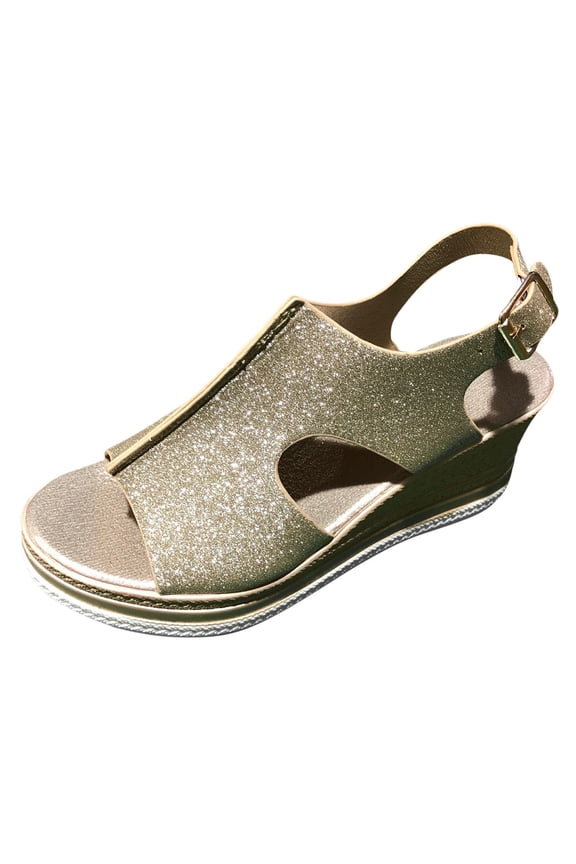 Women High Heeled Sequin Slippers Summer Wild Slope Thick Bottom A Word Cool Drag Design Women Sandals for Fashion Wear,Gold,6