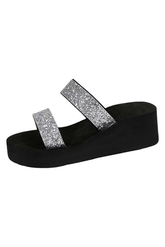 Women High Heeled Sequin Slippers Summer Wild Slope Thick Bottom A Word Cool Drag Design Women Sandals for Fashion Wear,Silver,9