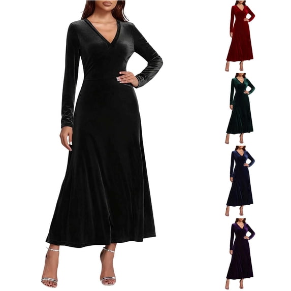 Velvet Collapse Xijirk Women Long Sleeve V Neck Wrap Velvet Midi A Line Dress for ...
