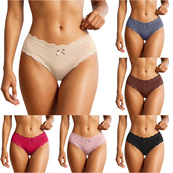 Xijirk Women Mid Rise Scalloped Lace Edge Briefs Tiny Bow Detail Smooth Weave Soft Stretchy Close Fit for Daily Night Out Party Event Wear,Beige,M
