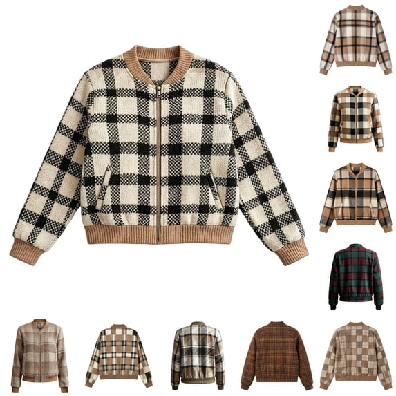 Xijirk Women Plaid Bomber Jacket Zip Up Long Sleeve Ribbed Trim Outerwear for Spring Fall Casual Daily Street Wear