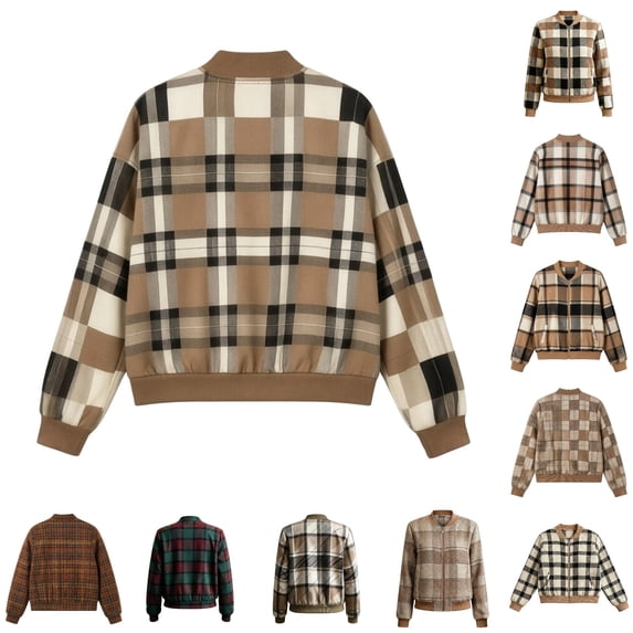 Xijirk Women Plaid Bomber Jacket Zip Up Long Sleeve Ribbed Trim Outerwear for Spring Fall Casual Daily Street Wear