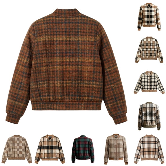 Xijirk Women Plaid Bomber Jacket Zip Up Long Sleeve Ribbed Trim Outerwear for Spring Fall Casual Daily Street Wear
