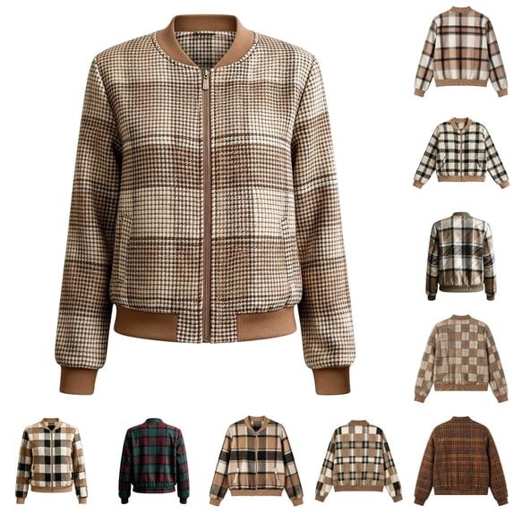 Xijirk Women Plaid Bomber Jacket Zip Up Long Sleeve Ribbed Trim Outerwear for Spring Fall Casual Daily Street Wear