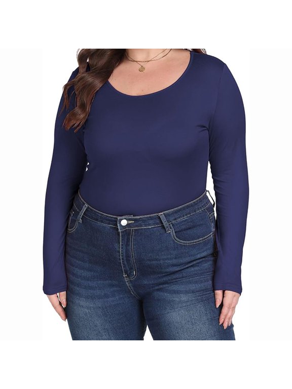 Xijirk Women Plus Size Long Sleeve Top Slim Fit Scoop Neck Stretchy Basic Layering Solid Bodysuit for Daily and Under Layer Occasions,XXL