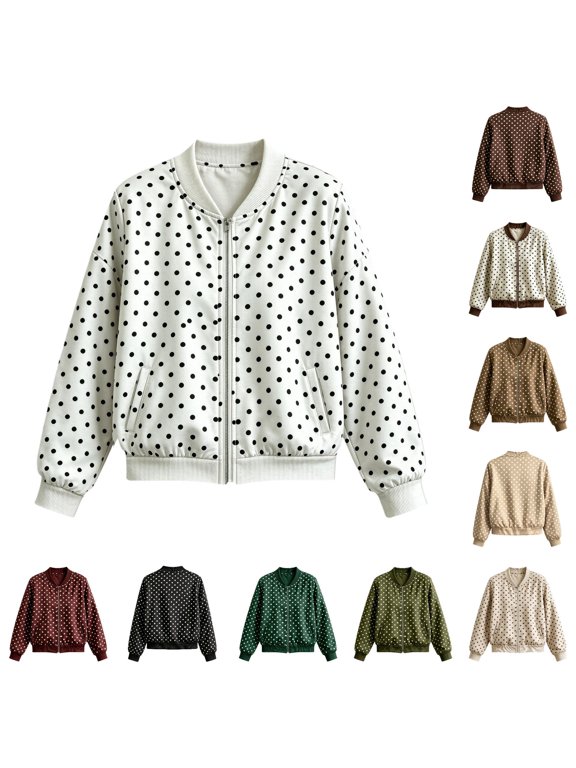 Xijirk Women Polka Dot Bomber Jacket Zip Up Long Sleeve Ribbed Trim Coat for Spring Fall Daily Wear