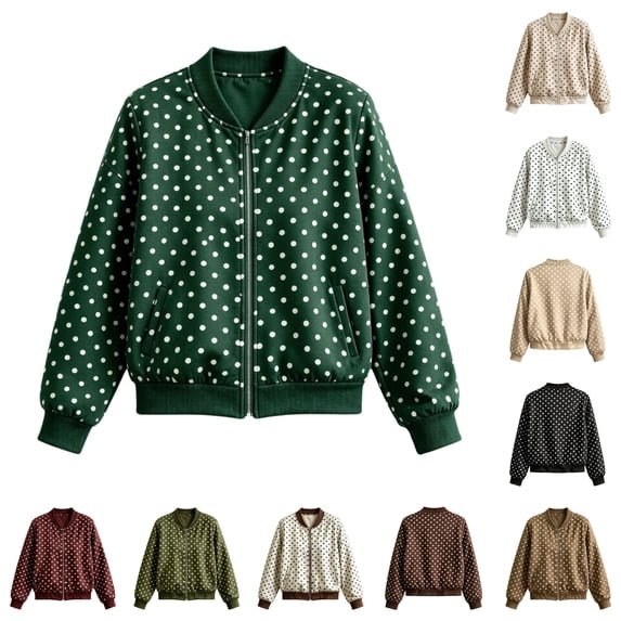 Xijirk Women Polka Dot Bomber Jacket Zip Up Long Sleeve Ribbed Trim Coat for Spring Fall Daily Wear