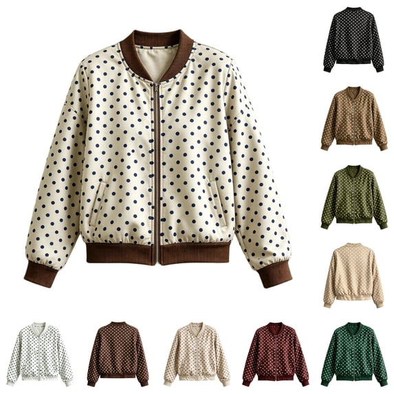 Xijirk Women Polka Dot Bomber Jacket Zip Up Long Sleeve Ribbed Trim Coat for Spring Fall Daily Wear