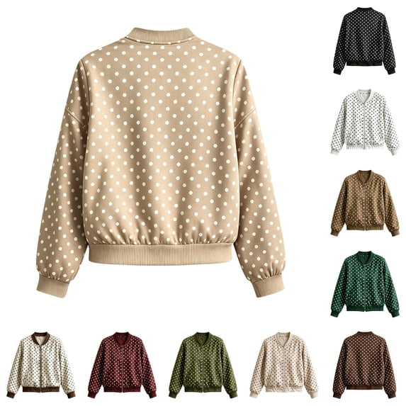 Xijirk Women Polka Dot Bomber Jacket Zip Up Long Sleeve Ribbed Trim Coat for Spring Fall Daily Wear