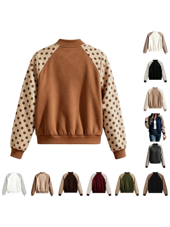 Xijirk Women Polka Dot Raglan Sleeve Bomber Jacket Zip Up Ribbed Trim Outerwear for Spring Fall Casual Street Wear