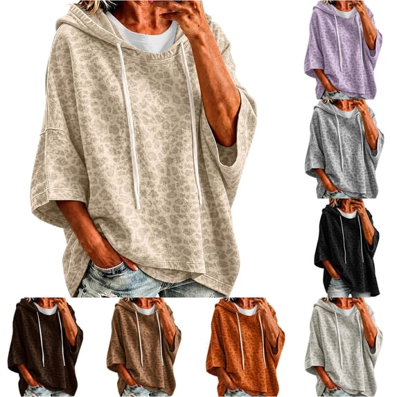 Xijirk Women Pullover Hoodie with Leopard Print Drawstring Hood 3/4 Sleeve Kangaroo Pockets Loose Cropped Fit Sweatshirt for Casual Daily Street Loungewear Outfit,Beige,M