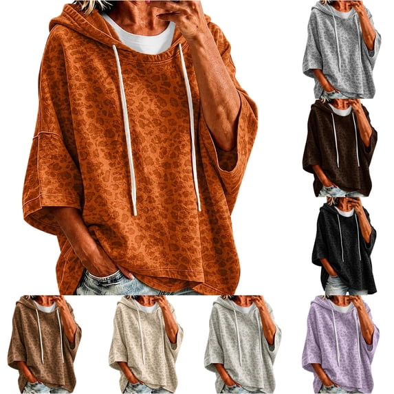 Xijirk Women Pullover Hoodie with Leopard Print Drawstring Hood 3/4 Sleeve Kangaroo Pockets Loose Cropped Fit Sweatshirt for Casual Daily Street Loungewear Outfit,Orange,XL