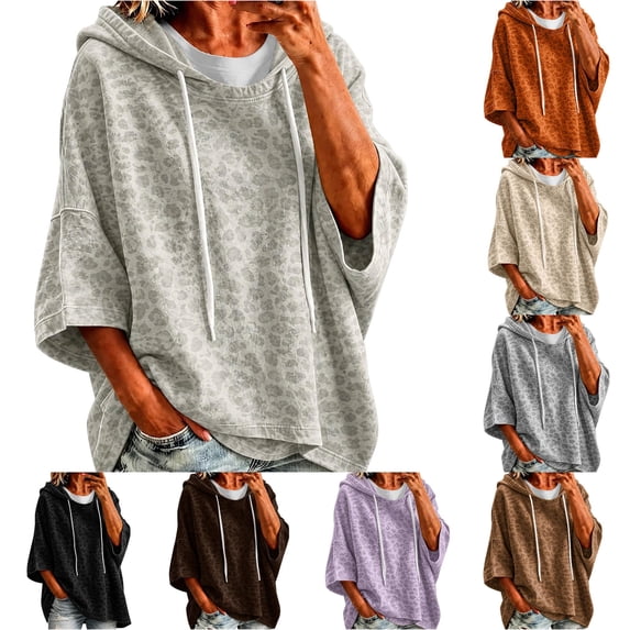 Xijirk Women Pullover Hoodie with Leopard Print Drawstring Hood 3/4 Sleeve Kangaroo Pockets Loose Cropped Fit Sweatshirt for Casual Daily Street Loungewear Outfit,Light Gray,3XL