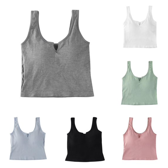 Xijirk Women Ribbed Crop Tank Top Built In Padded Notch V Neck Wide Strap Seamless Slim Fit Camisole for Casual Daily Street Wear,Grey,One Size