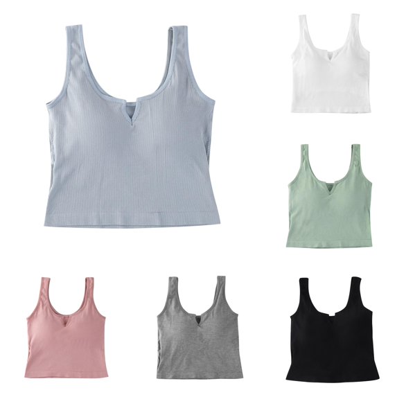 Xijirk Women Ribbed Crop Tank Top Built In Padded Notch V Neck Wide Strap Seamless Slim Fit Camisole for Casual Daily Street Wear,Light Blue,One Size