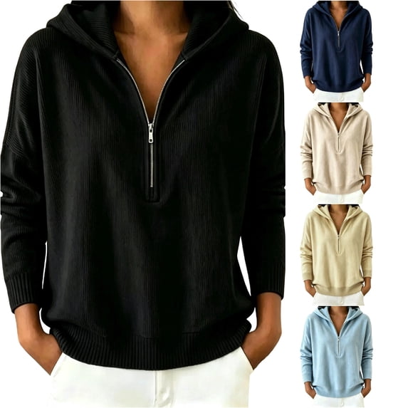 Xijirk Women Ribbed Half Zip Hoodie Long Sleeve Drop Shoulder Loose Sweatshirt with Side Pockets for Daily Casual Outdoor Wear,Black,M