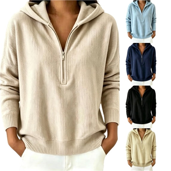 Xijirk Women Ribbed Half Zip Hoodie Long Sleeve Drop Shoulder Loose Sweatshirt with Side Pockets for Daily Casual Outdoor Wear,Khaki,XXL