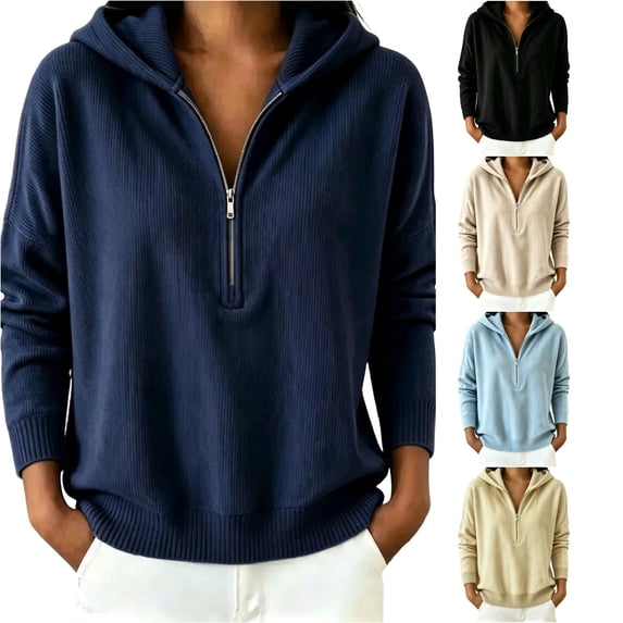 Xijirk Women Ribbed Half Zip Hoodie Long Sleeve Drop Shoulder Loose Sweatshirt with Side Pockets for Daily Casual Outdoor Wear,Navy,S