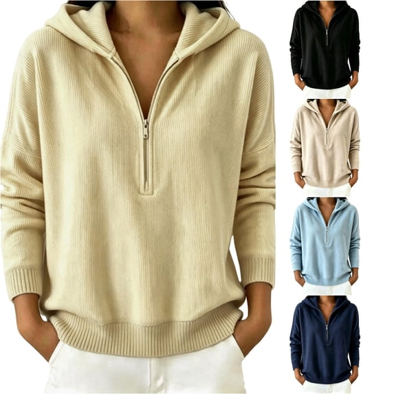Xijirk Women Ribbed Half Zip Hoodie Long Sleeve Drop Shoulder Loose Sweatshirt with Side Pockets for Daily Casual Outdoor Wear,Yellow,S
