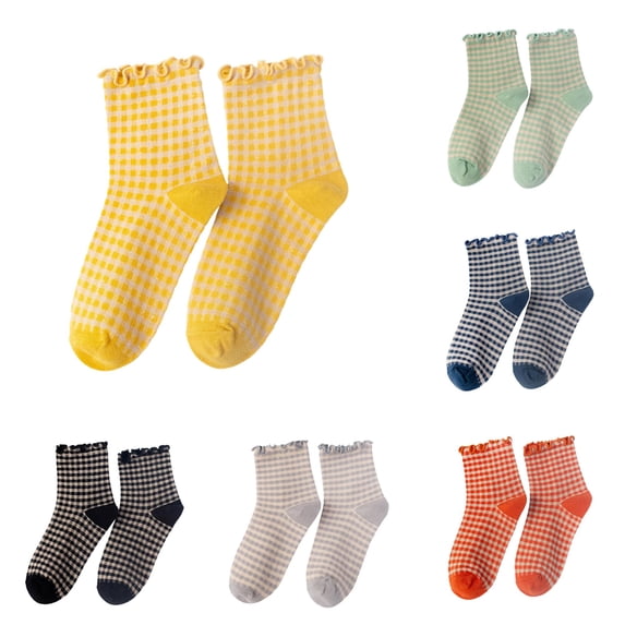 Xijirk Women Ruffle Plaid Crew Socks Soft Retro Gingham Check Mid Calf Socks for Daily Casual Wear Size:One Size