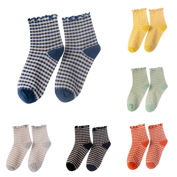 Xijirk Women Ruffle Plaid Crew Socks Soft Retro Gingham Check Mid Calf Socks for Daily Casual Wear Size:One Size