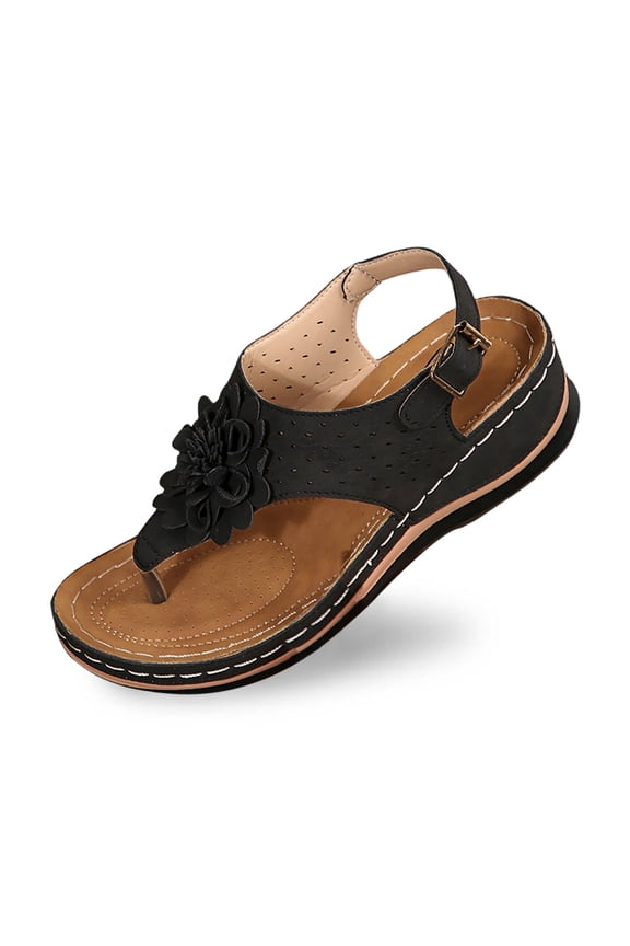 Women Sandals Toe Post Design Everyday Casual Wear Outdoor Vacations 5.5cm Wedge Heel Floral Detail Women Sandals for Summer Comfort,Black,7