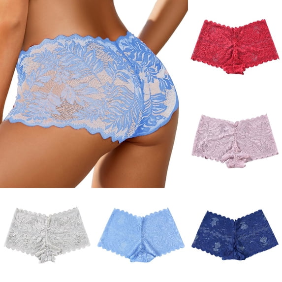 Xijirk Women Scalloped Leaf Floral Lace Boyshort Panties Stretch Sheer Breathable Mid Rise for Daily and Nightwear,Blue,XL