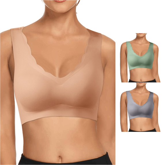 Xijirk Women Scalloped V Neck Wireless Bra Seamless Padded Wide Strap Comfort Sleep Bralette for Everyday Home Wear,Beige,XL