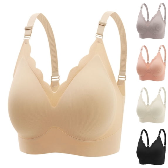 Xijirk Women Seamless Bra Ribbed Scalloped V Neck Adjustable Straps Wirefree for Daily Home Casual Wear,Beige,M
