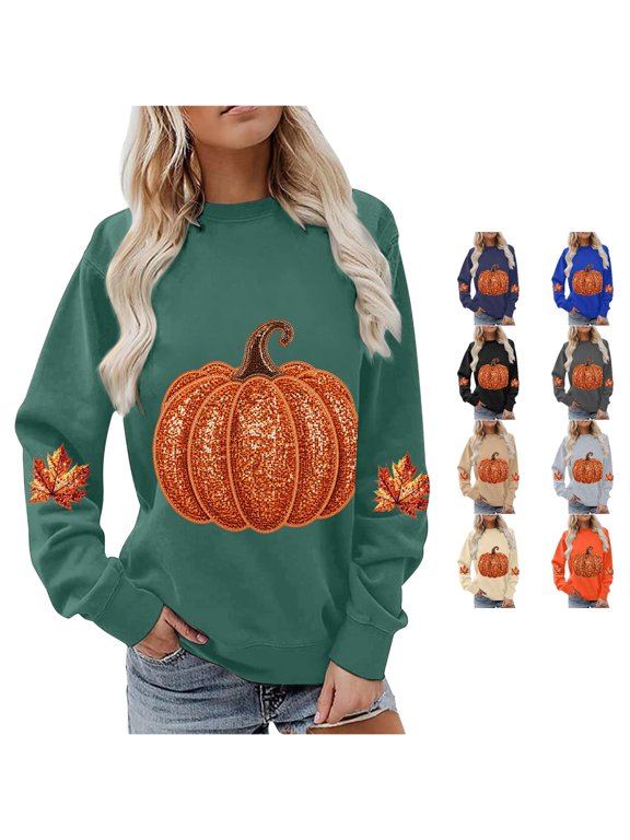 Xijirk Women Sequin Pumpkin Maple Leaf Graphic Crewneck Sweatshirt Long Sleeve Loose Pullover Casual Top for Halloween Fall Daily Wear,S