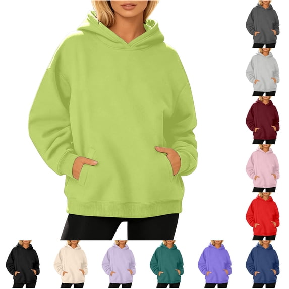Xijirk Women Solid Pullover Hoodie Long Sleeve Kangaroo Pocket Oversized Casual Sweatshirt Green,M