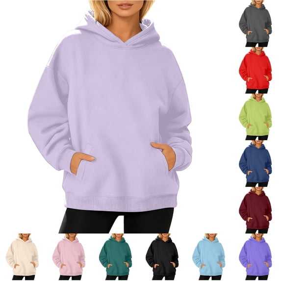 Xijirk Women Solid Pullover Hoodie Long Sleeve Kangaroo Pocket Oversized Casual Sweatshirt Light Purple,M