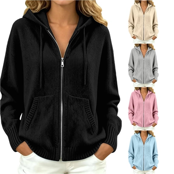 Xijirk Women Solid Zip Up Hooded Knit Sweater Long Sleeve Drawstring Pocket Loose Casual Cardigan Black,L