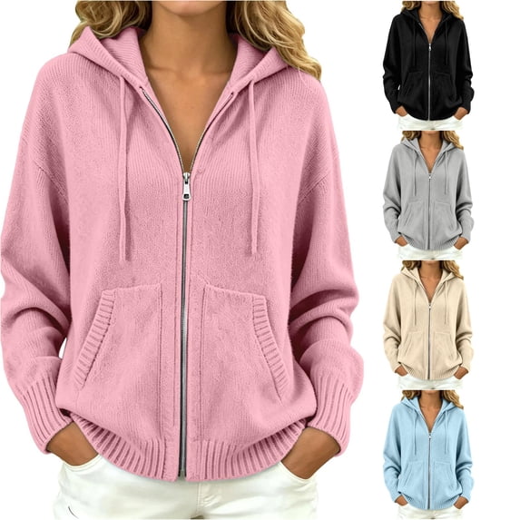 Xijirk Women Solid Zip Up Hooded Knit Sweater Long Sleeve Drawstring Pocket Loose Casual Cardigan Pink,S