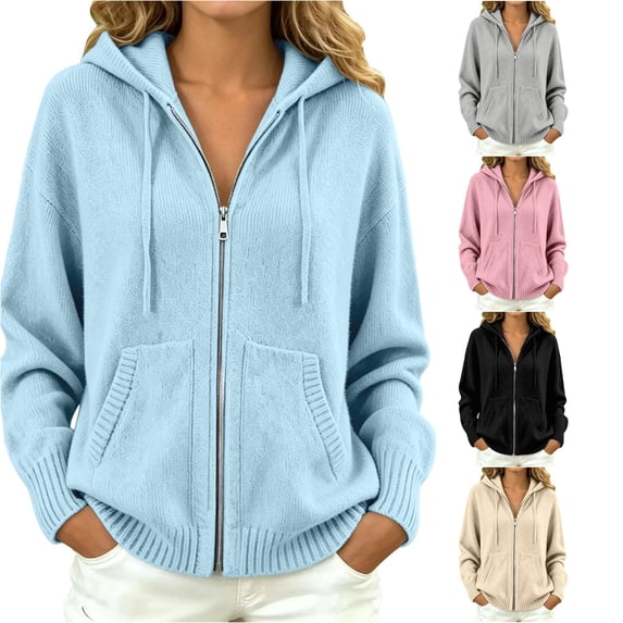 Xijirk Women Solid Zip Up Hooded Knit Sweater Long Sleeve Drawstring Pocket Loose Casual Cardigan Sky Blue,L