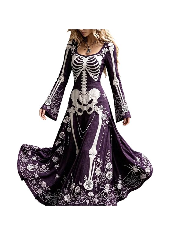 Xijirk Women Square Neck Long Bell Sleeve A Line Maxi Dress with Skeleton Rose and Spider Web Print for Halloween Goth Party Evening Wear