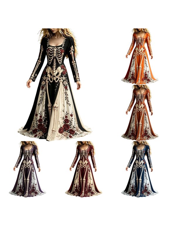 Xijirk Women Square Neck Long Sleeve A Line Maxi Dress with Full Skeleton and Rose Print for Halloween Goth Costume Medieval Party Evening Wear