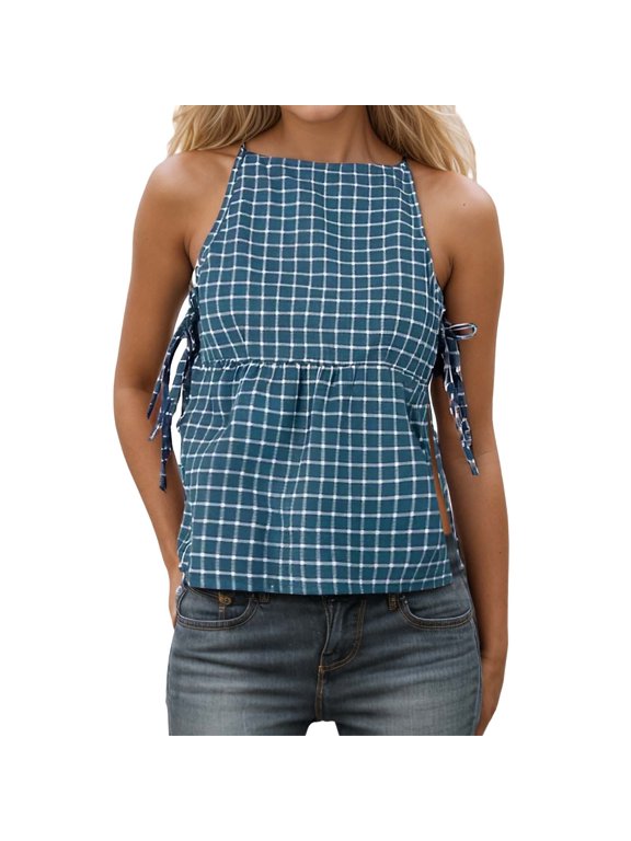 Xijirk Women Square Neck Peplum Tank Top Grid Print Side Tie Sleeveless Blouse for Summer Casual Outings,Blue,M