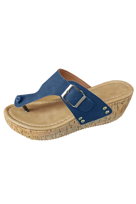 Women Summer Casual Sandals Thick Soled Solid Large Herringbone Slippers Comfortable Design Women Sandals for Everyday Wear,Navy,6