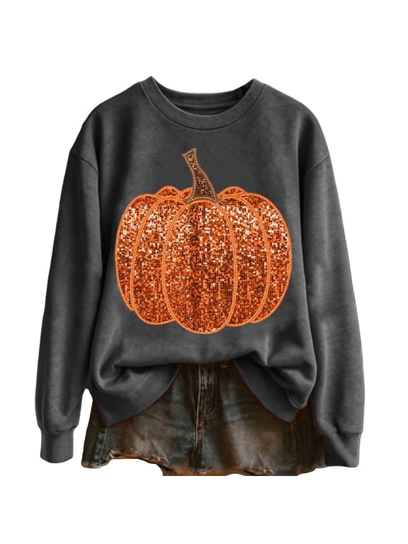 Xijirk Women Sweatshirt Sequin Pumpkin Print Crew Neck Long Sleeve for Halloween Fall Casual Daily Wear