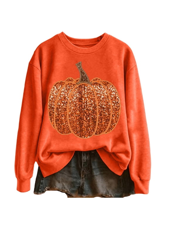 Xijirk Women Sweatshirt Sequin Pumpkin Print Crew Neck Long Sleeve for Halloween Fall Casual Daily Wear