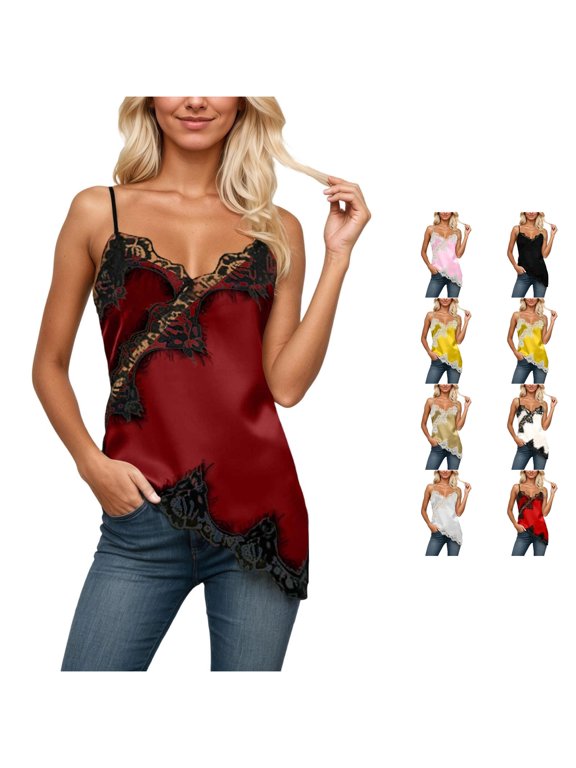 Xijirk Women Tank Top with Scalloped V Border Thin Shoulder Strings Lace Inlaid Outer Material Even Soft Inner Layer for Path Walk Leisure Stop and Daily Attire,,S