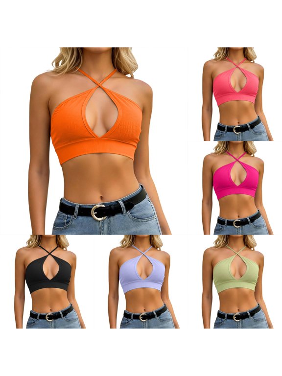 Xijirk Women Tank Top with Wrapped Neck Hollow Front Cut Thin Strap Layout Striped Plain Outer Texture Flexible Gentle Inner Layer for Path Walk Leisure Pause and Daily Attire,Orange,XS