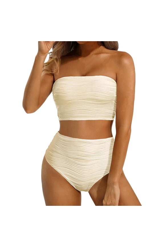 Women Two Piece Swimsuit High Waisted Bikini Set Strapless Bandeau Design with Ribbed Longline and Full Coverage for Swimming Sunbathing,White,M
